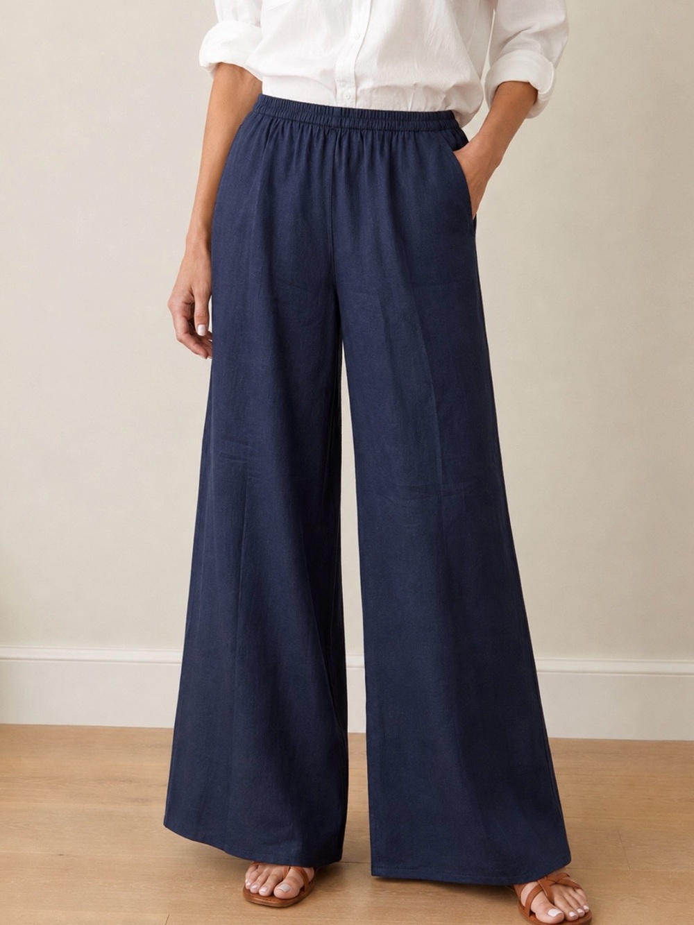 J. Crew Navy Blue Elastic Waist Wide Leg Linen Cosmo Pants XLP NWT
